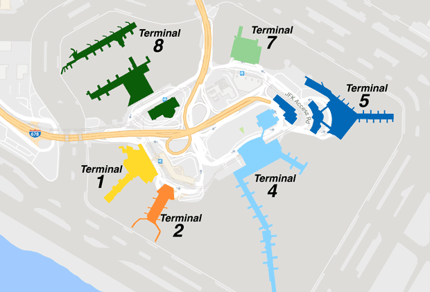 Mapa dos terminais do aeroporto JFK de Nova York