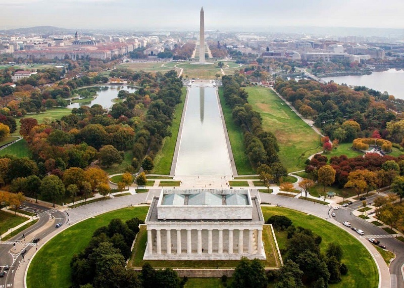 Vista ampla do parque National Mall em Washington