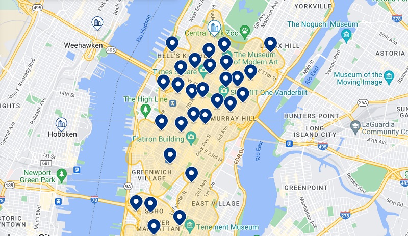 Mapa dos melhores hotéis no distrito de Manhattan em Nova York