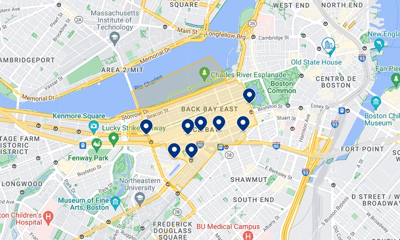 Mapa dos melhores hotéis no bairro Back Bay em Boston