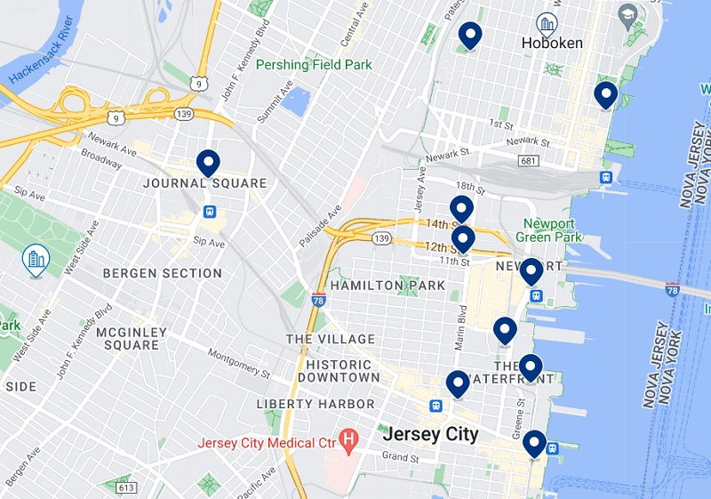 Mapa dos melhores hotéis em Jersey City