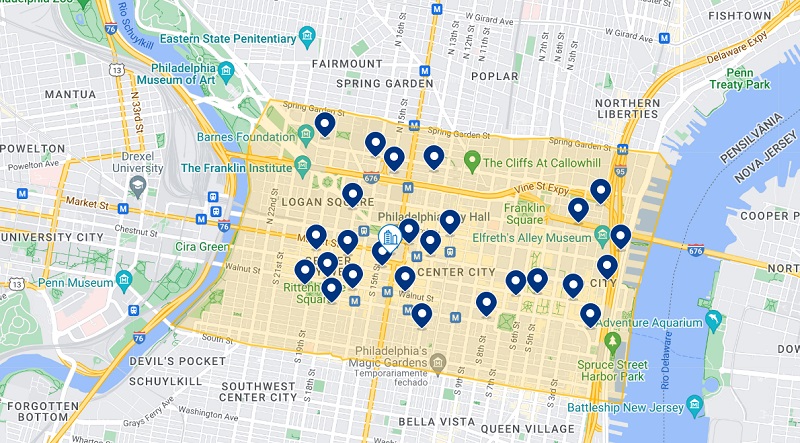 Mapa dos melhores hotéis no bairro Center City na Filadélfia