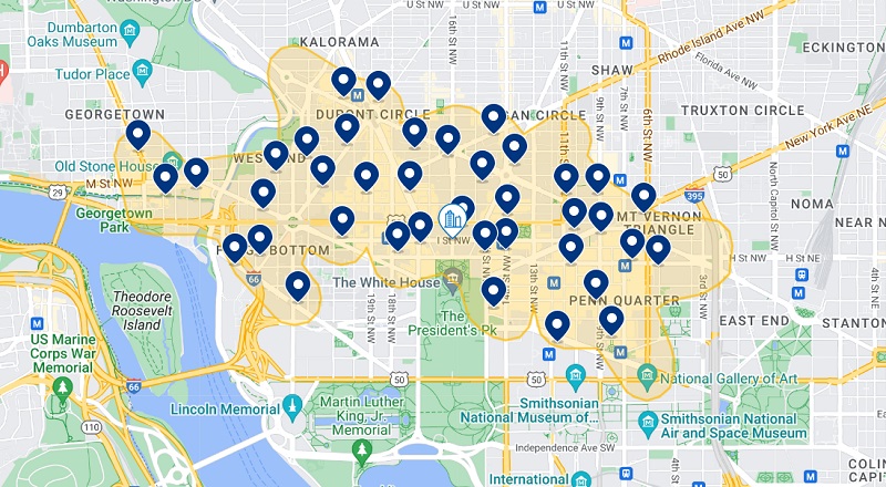 Mapa dos melhores hotéis na região de National Mall em Washington