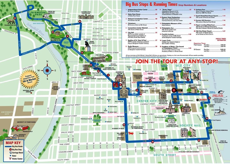 Mapa do itinerário do passeio de ônibus turístico na Filadélfia