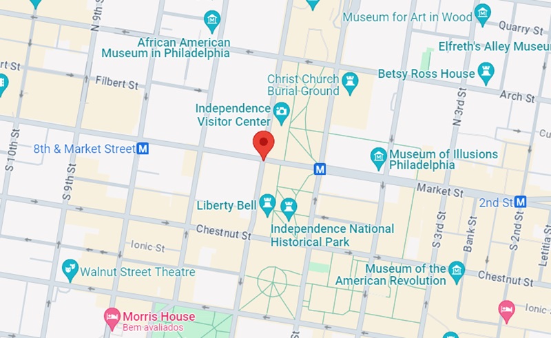 Mapa do ponto de encontro do passeio de ônibus turístico na Filadélfia